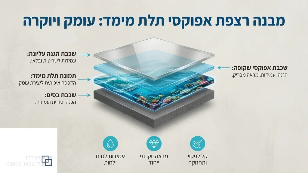 נוצר על ידי מודל בינה מלאכותית Gemini Pro חדר רחצה מעוצב עם רצפת אפוקסי תלת מימד דמוית ים