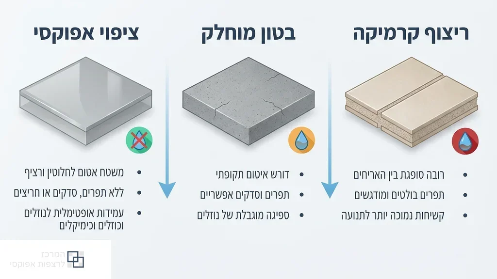 תקריב של רצפת אפוקסי חלקה ללא חריצים המדגימה אטימות ועמידות