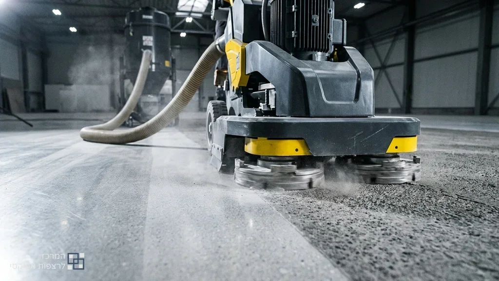 צוות מקצועי מבצע ליטוש יהלום והכנת תשתית בטון לפני יישום אפוקסי