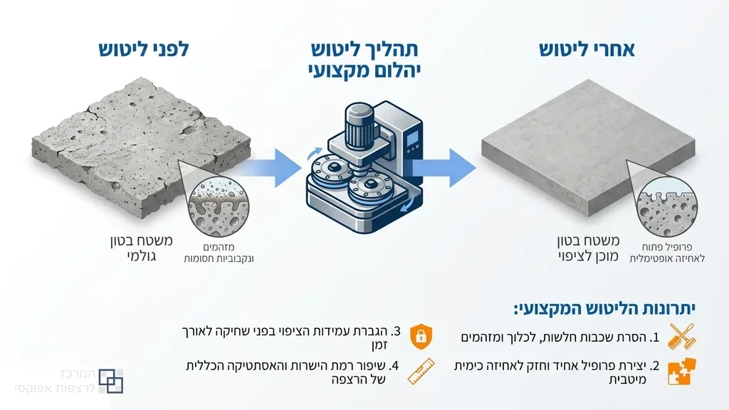 תהליך הכנת תשתית בטון וליטוש לפני יישום ציפוי אפוקסי