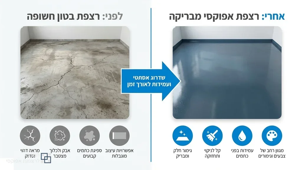 השוואה חזותית של חניון לפני ואחרי יישום אפוקסי