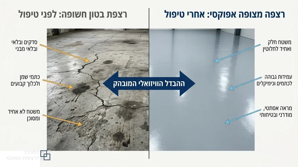 השוואה בין רצפת בטון ישנה וסדוקה לציפוי אפוקסי חדש וחלק