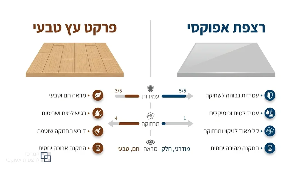 תקריב של רצפת אפוקסי חלקה מול חיפוי עץ