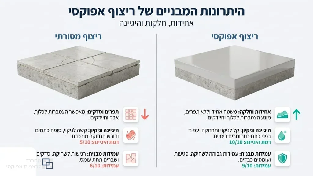 רצפת אפוקסי חלקה ומבריקה בחלל מודרני המדגישה את האחידות והניקיון
