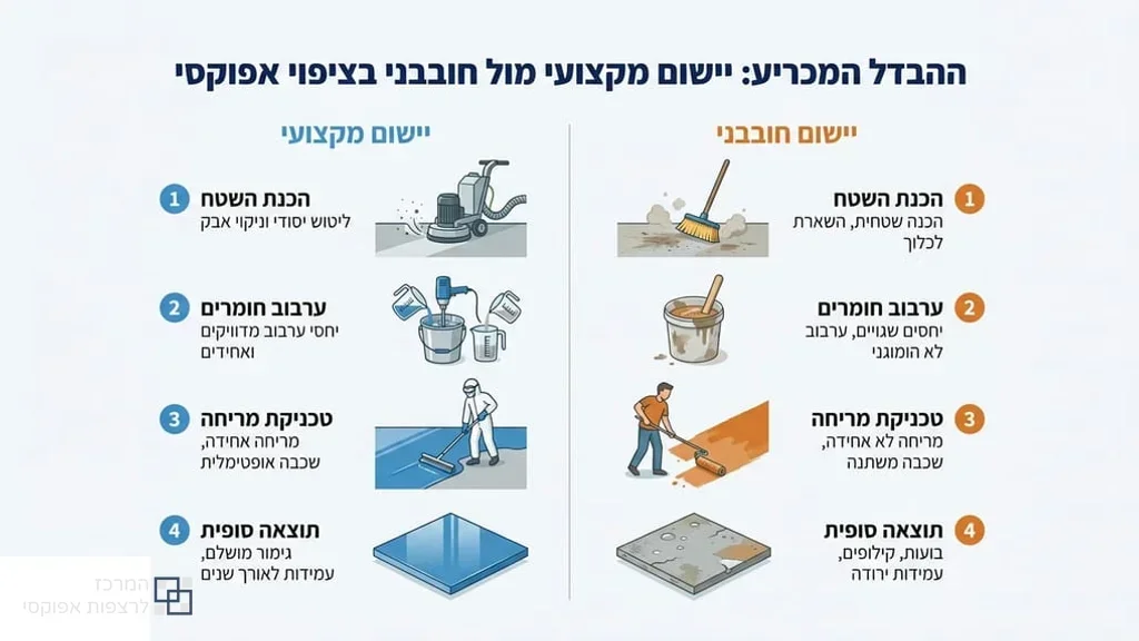 קבלן מקצועי מיישם ציפוי אפוקסי על רצפת בטון בצורה מדויקת